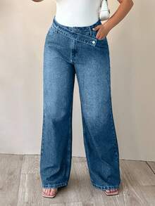 EURMUSE 100% Cotton Plus High Waist Asymmetric Belt Wide Leg Jean - Baby Blue - View 7