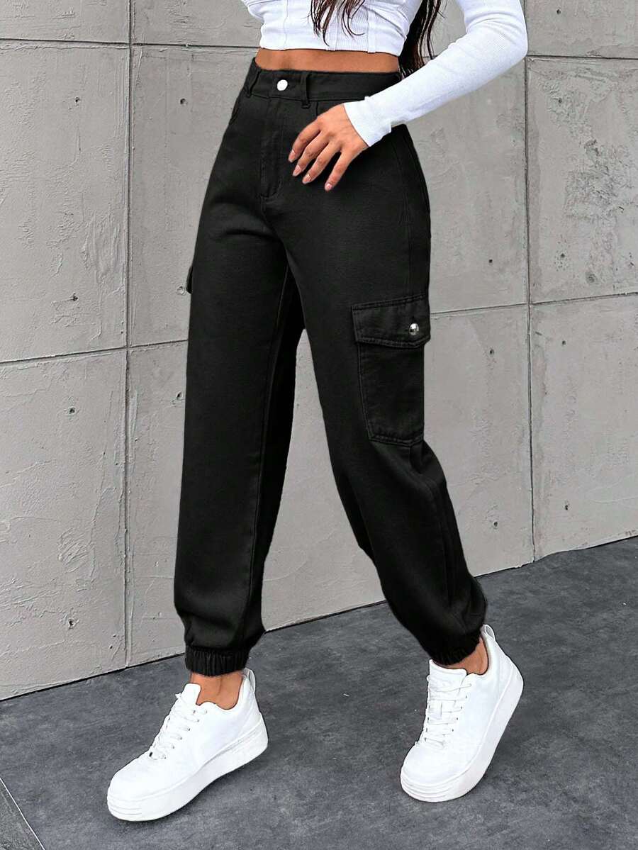 EURMUSE Women's Casual Pocket Drawstring Jeans - Black - View 1