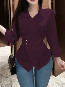 EMERY ROSE Women's Plain Color Long Sleeve Wrap Blouse, Spring Autumn Women Shirt - Red Violet - View 3