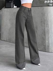 SHEIN Tall HÖG MIDJA100% Bomull Upprullade Jeans med Vida Ben - Ljusgrå - Visa 3