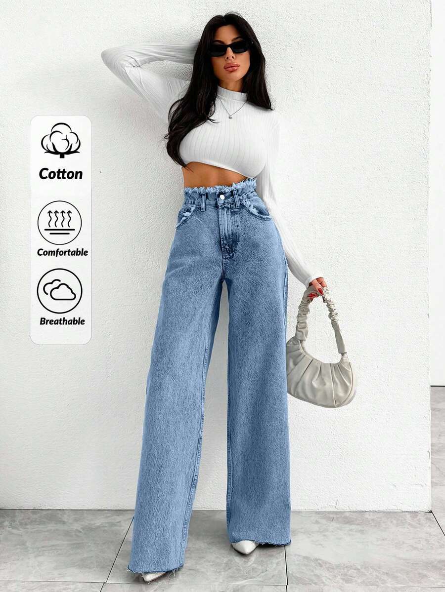 EURMUSE HIGH RISE WIDELEG JEAN WITH FRAYED POCKET - Baby Blue - View 1