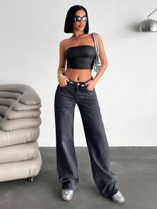 EURMUSE Low Waist Wash Detailed Wideleg Jean - Light Grey - View 3