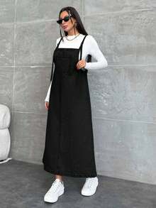 EURMUSE WOMEN LONG DENIM DRESS POCKET DETAILED - Black - View 4