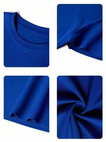 女式海军蓝 NY 字母印花宽松圆领短袖 T 恤，休闲夏季上衣，优雅舒适的设计，适合休闲外出 - 藍色 - 查看 5