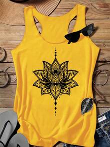 SHEIN LUNE 女士休闲莲花印花露背背心，适合夏季 - 薑色 - 查看 1