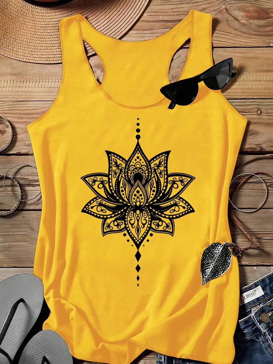 SHEIN LUNE 女士休闲莲花印花露背背心，适合夏季 - 薑色 - 查看 1