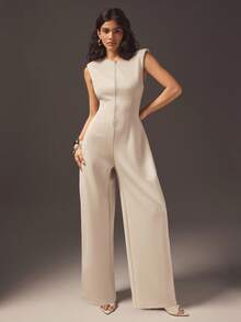 Hauture 女士性感休闲筒形前拉链无袖办公室连体裤 - 杏色 - 查看 5