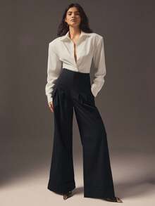 Hauture 女士办公室休闲高腰褶皱阔腿长裤 - 黑色 - 查看 3