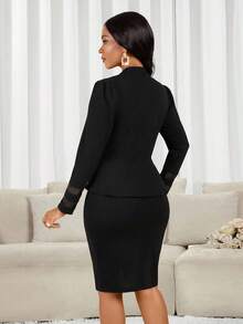 SHEIN Lady CURVE Plus Size Women Business Casual Solid Color Patchwork Sheer Mesh Fitted Blazer And Pencil Skirt Suit - Multicolor - View 2