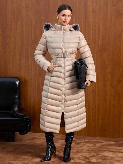 EURMUSE Women Belted Faux Fur Hoodie Zipper Pocket Long Winter Coat