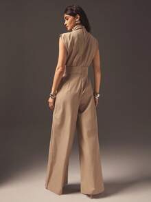 Hauture Bộ đồ liền thân không tay cổ đứng gợi cảm dành cho nữ với chi tiết thắt lưng thời trang - Lạc đà - Xem 3