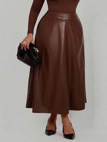 Xyvia 高品质 PU 皮革 A 字形喇叭拉链裙 - 棕色 - 查看 4