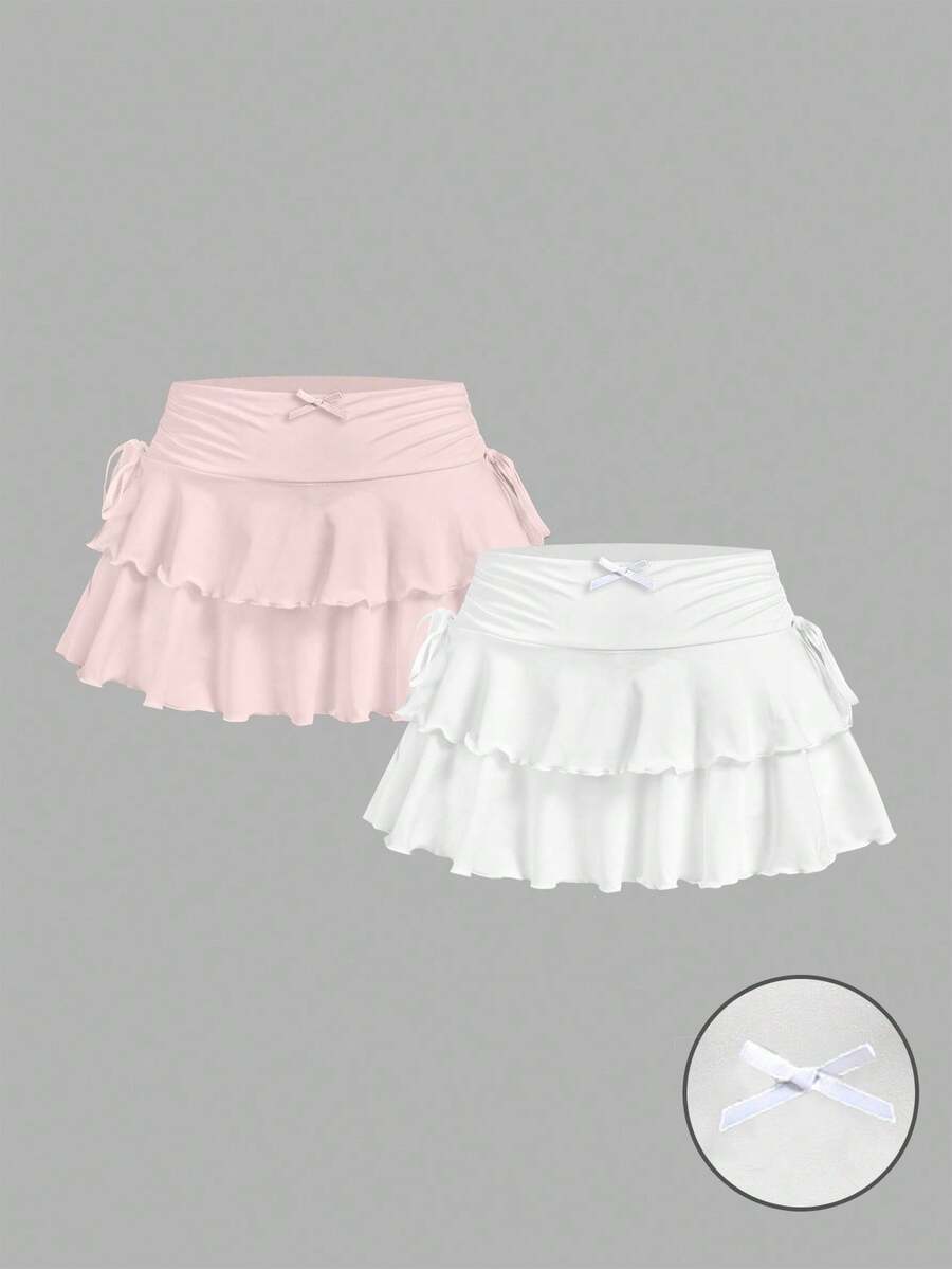 Soleia 2pcs Set Women's Casual Minimalist Ruched Waist A-Line Skirt,Concert Women,Cruises Women,Clubs Women Sexy - Multicolor - View 1