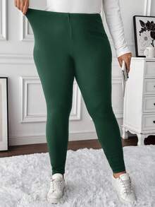 SHEIN LUNE Damskie legginsy plus size w jednolitym kolorze, przyjazne dla skóry, dopasowane, termiczne, z podszewką, zielone legginsy, ciepłe legginsy, krótkie legginsy dla kobiet, wygodne legginsy, termiczne legginsy dla kobiet