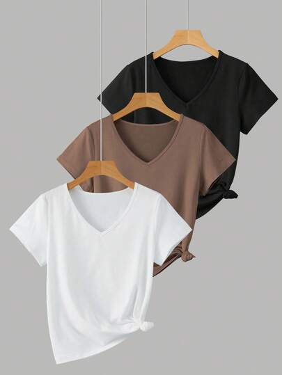 INAWLY 3pcs V-Neck Casual Fashion Versatile Short Sleeve T-Shirts, Suitable For Summer