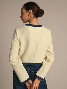 Modelyn Autumn/Winter Apricot Tweed Texture Patchwork Denim Ribbon Long Sleeve Jacket With Golden Buttons, Elegant And Fashionable Outerwear - Apricot - View 2