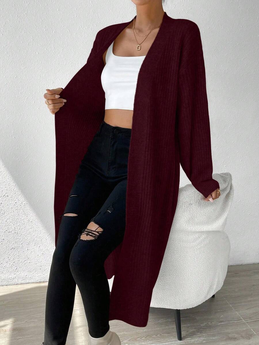 EMERY ROSE Women's Burgundy V-Neck Cable Knit Lantern Sleeve Wool Blend Cardigan - Burgundy - View 1