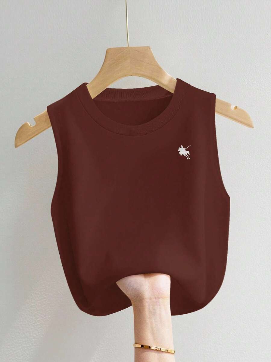 Débardeur décontracté à col rond avec imprimé chevalier, coupe ample pour femmes - Marron - Voir 1
