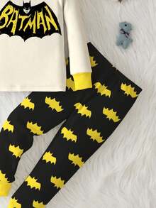 BATMAN X SHEIN Baby Boy Letter Bat Logo Print Ringer Long Sleeve Top And Pants Pajama Set, Spring/Autumn - Multicolor - View 5