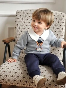 Souflis Souflis 2件套幼儿男童复古2025秋冬加厚浅灰色运动衫和海军蓝休闲运动裤套装 - 灰色 - 查看 5