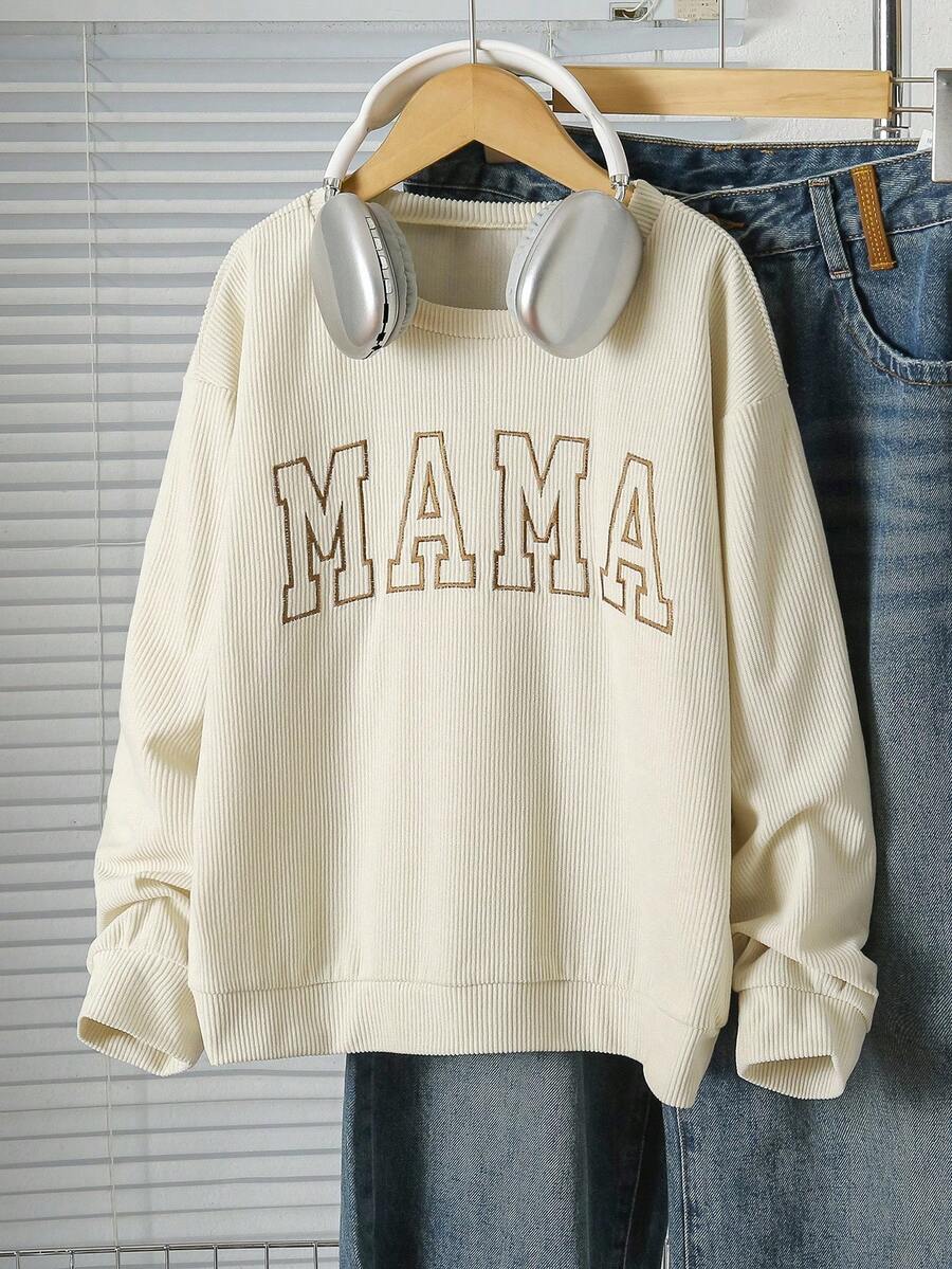 Tween Girl Letter Embroidery Crew Neck Long Sleeve Pullover Sweatshirt - Apricot - View 1