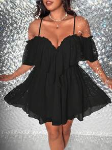 Viva Relle Plus-Size Women's Ruffled Deep V-Neck Strapless One-Shoulder A-Line New Year Dress - Black - View 2