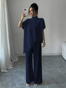 Elenzga Bộ 2 món dành cho nữ: Áo cổ bất đối xứng và quần dài - Màu xanh hải quân - Xem 3