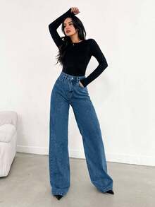 Jeans a vita alta, gamba ampia, orlo lungo, blu - 716 gr