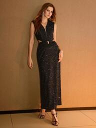 MOTF PREMIUM SEQUINS V-NECK CUTOUT WAIST SPLIT BACK LONG DRESS