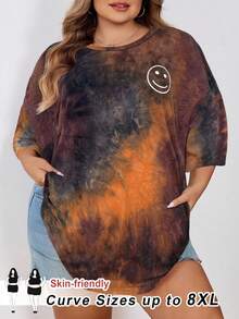 SHEIN CURVE+ Women's Tie Dye Printed Round Neck Short Sleeved T-Shirt In Plus Size For Summer/Plus Size T Shirtsummer/Country/Beach Vacation Outfits/Beach Outfits/Beach Wear