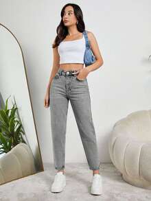 EURMUSE Quần jean cạp cao màu xanh nhạt cho mẹ - Xám - Xem 4