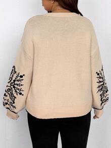 Elenzga Suéter holgado casual de punto jacquard con cuello redondo y hombros caídos en talla grande con contraste de color