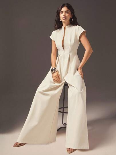 Hauture 女式办公室休闲性感前拉链阔腿短袖连体裤