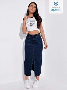 EURMUSE Casual Washed Front Slit Denim Mini Skirt - Dark Wash - View 3