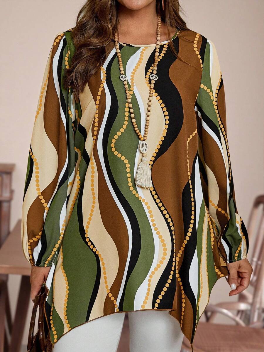 EMERY ROSE Plus Size Women's Black And Gold Wave Striped Crew Neck Long Sleeve Asymmetric Hem Blouse,Autumn Boho Vacation Country Style Fall Winter Clothes - Multicolor - View 1