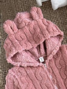 青少年女孩粉色秋季休閒提花抓絨連帽冬季連身衣、青少年女孩毛茸茸熊耳睡衣、幼兒保暖粗針編織家居服睡衣 - 粉色 - 查看 4