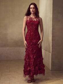 PREMIUM WOMEN'S EMBROIDERY FLORAL MESH OVERLAY STEREO FLOWER DETAIL LONG DRESS - Burgundy - View 4