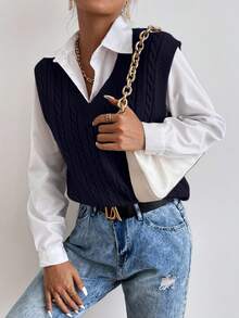 SHEIN PETITE Damen Lässig Mode minimalistische V-Ausschnitt Twist Seil kurze gestrickte Weste Pullover, geeignet für Frühling und Herbst