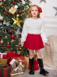 SHEIN 女孩休闲针织高腰裙，日常穿着，母女装，非常适合秋冬季的休闲日常穿着和上学穿着，也适合圣诞派对，红色。 - 金色 - 查看 6