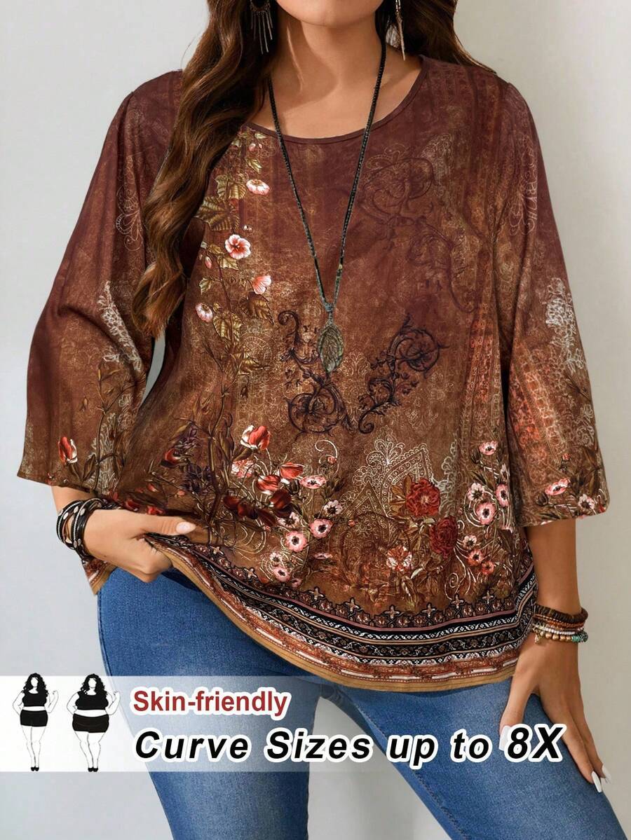 SHEIN CURVE+ Áo cánh tay 3/4 cổ tròn rộng rãi in họa tiết toàn thân cho nữ cỡ lớn - màu nâu - Xem 1
