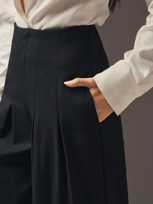 Hauture 女士办公室休闲高腰褶皱阔腿长裤 - 黑色 - 查看 2