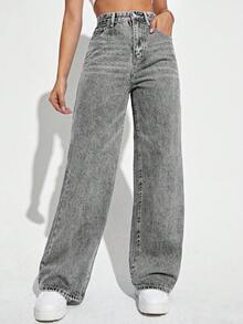 SHEIN Cottnline بنطلون جينز نسائي بخصر منخفض وفضفاض وبسيط ذو لون أحادي مع حزام الخصر - رمادي - مشاهدة 1