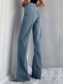 SHEIN Tall 100%纯棉高腰毛边阔腿牛仔裤 - 淺色水洗藍 - 查看 2