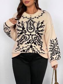 Elenzga Suéter holgado casual de punto jacquard con cuello redondo y hombros caídos en talla grande con contraste de color