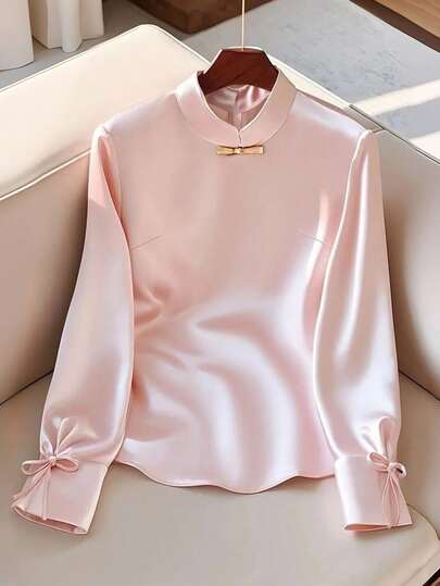 GlowEve 纯色中式领蝴蝶结优雅中国风女式衬衫