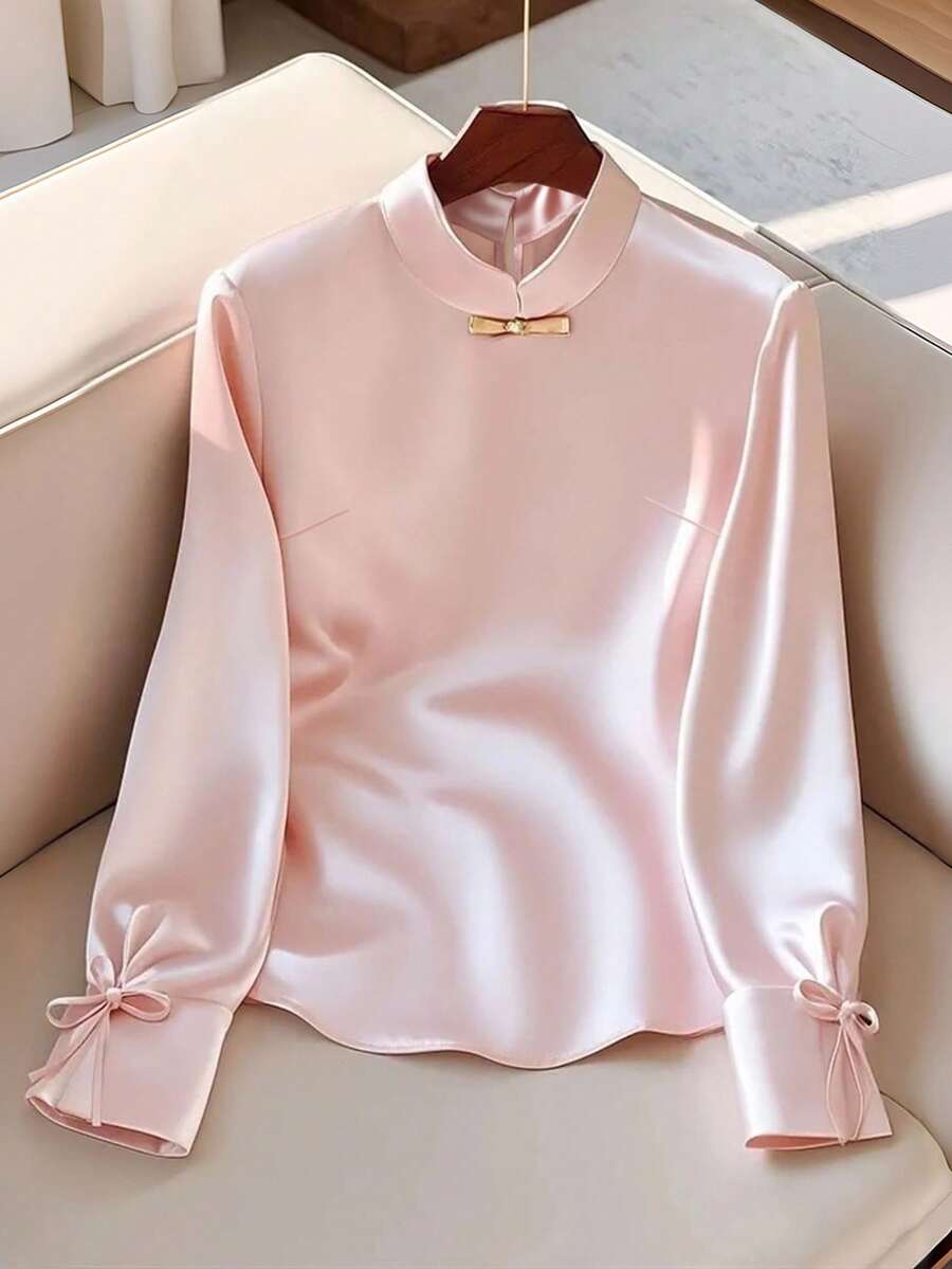 GlowEve Áo sơ mi nữ cổ bẻ màu trơn phong cách Trung Hoa thanh lịch họa tiết nơ cổ điển - Hồng - Xem 1