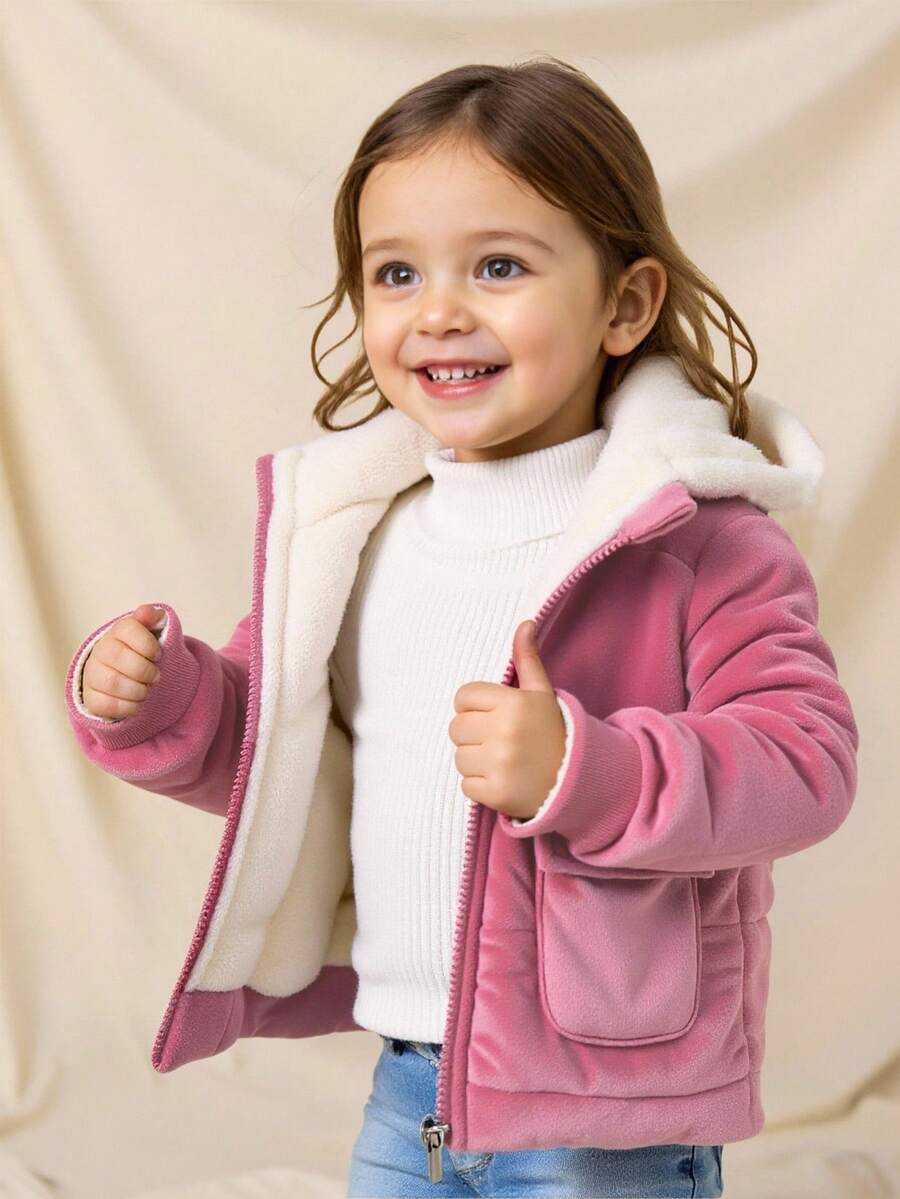 SHEIN Playful Pals Áo khoác mùa thu đông cho bé gái, kiểu dáng thường ngày, dày dặn và ấm áp hơn, áo khoác mùa đông cho bé gái, áo khoác mùa thu cho bé gái. - Hồng - Xem 1