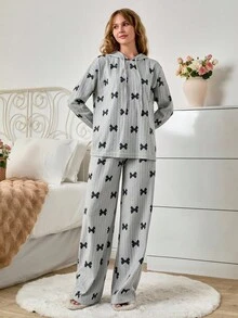 EURMUSE Grey Brushed Printed Top And Pants Leisure Set - Grey - View 3