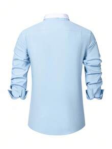 Manfinity Mode Long Sleeve Shirt, Double Layered Collar Design, Rhinestone Button Collar, Fashionable Casual, Suitable For Holidays, Fall - Blue - View 2