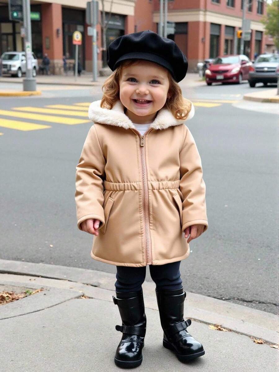 SHEIN Baby Girl Fashionable Versatile Thick Zip-Up Hooded Padded Coat, Suitable For Winter Daily Wear Fall - Khaki - View 1